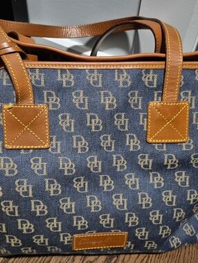Dooney & Bourke Blue Denim Logo Tote with Tan Leather Trim